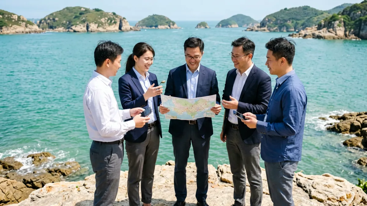 爱情岛路线网站团队成员在海边礁石上规划出行路线，背景为蓝色海湾与远处岛礁