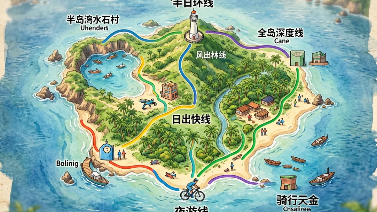爱情岛路线对比全景图，展示六条主流路线在地图上的走向与核心景点分布