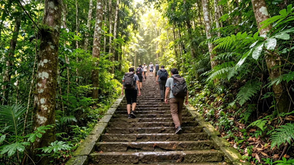 游客沿爱情岛路线台阶段攀爬，两侧热带植被茂密，阳光透过枝叶洒落在石阶上