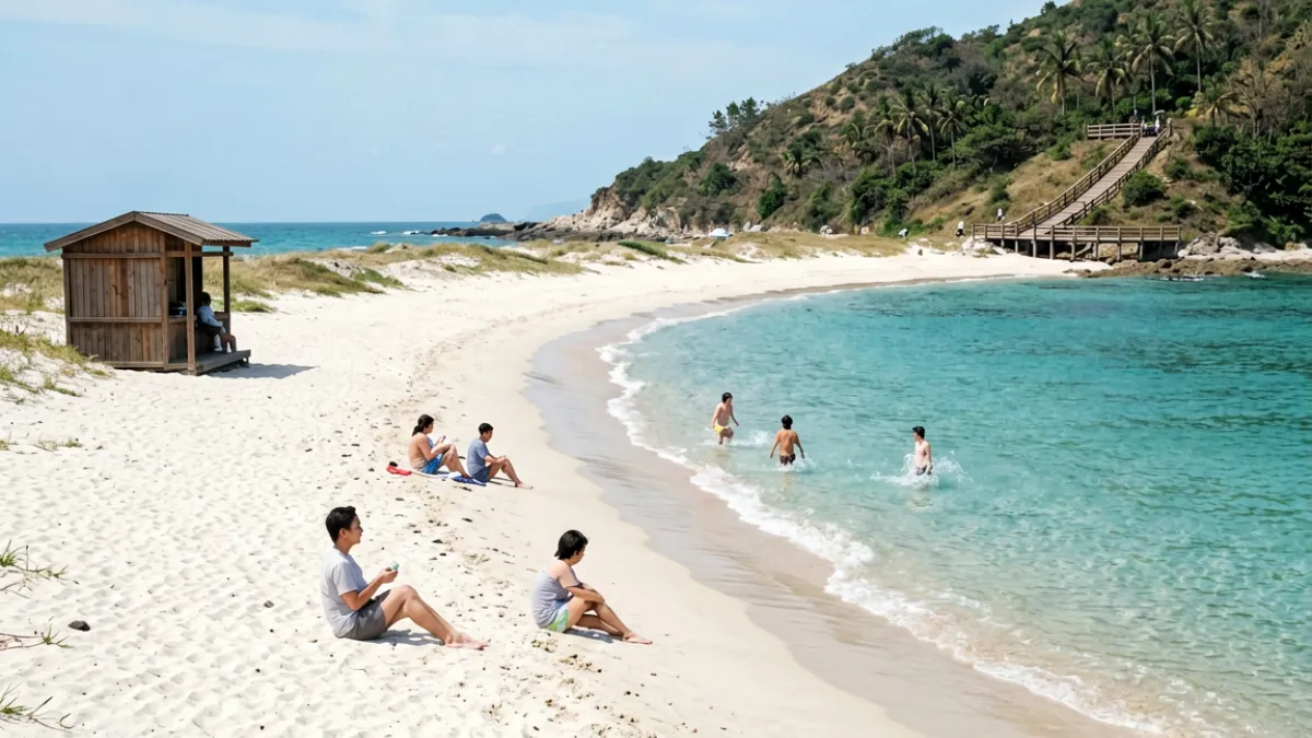爱情岛路线南海湾沙滩段，细白沙滩与蓝绿色海水相接，远处可见返回码头方向的栈道入口